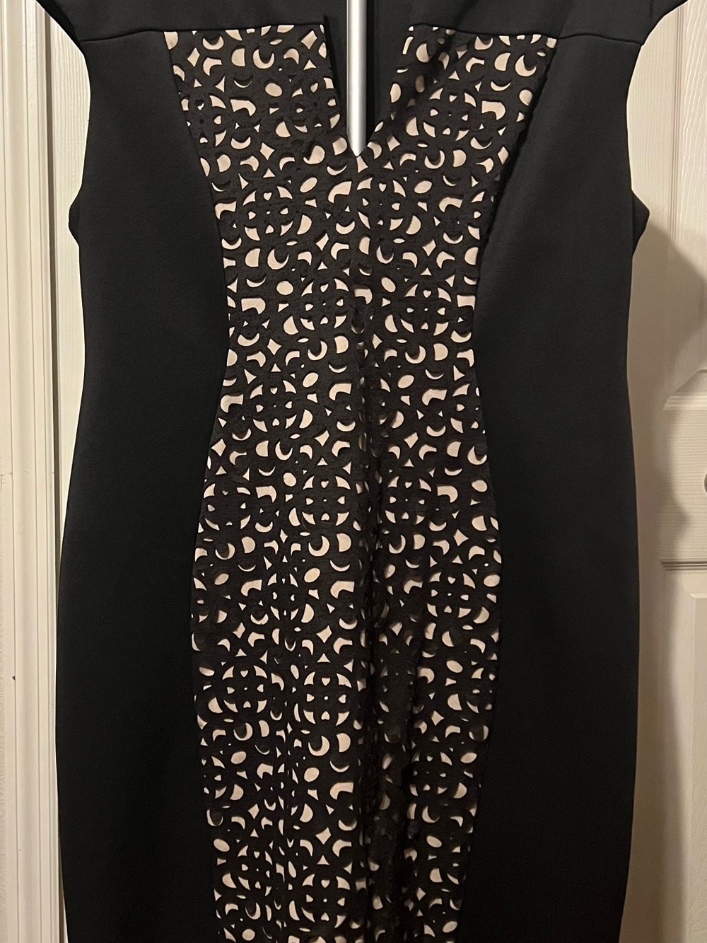dressbarn Black Midi Sheath Dress with Nude Lace-Effect Panel